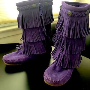 MINNETONKA Purple Leather Suede Fringe Boots Kids